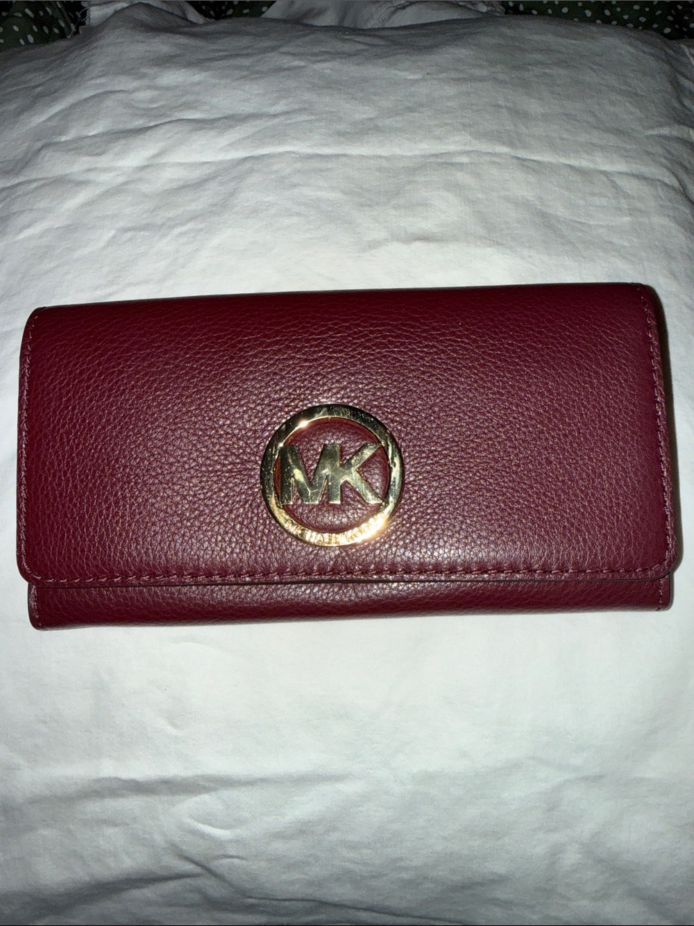 Michael Kors Wine Leather Continental Wallet with Gold MK Logo